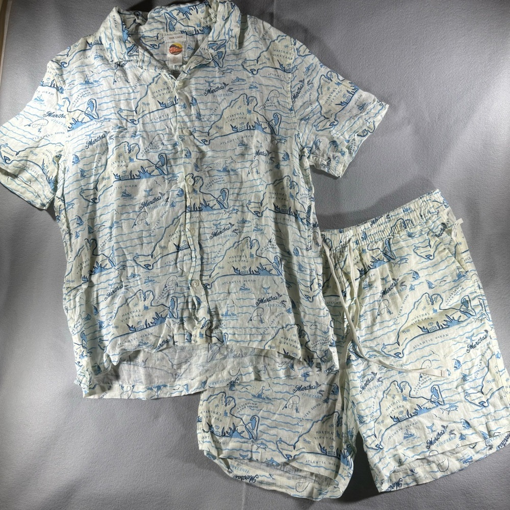 MENS Large Linen Matching Set button down collar shorts Martha Vineyard beach